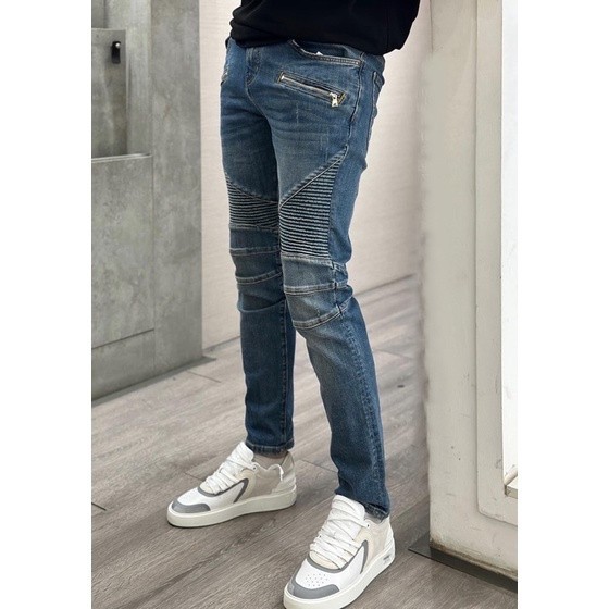 👑 [FortunD Luxury] Balmain 藍色牛仔褲配壓花格子大腿機車 - 高品質男士牛仔褲 L1