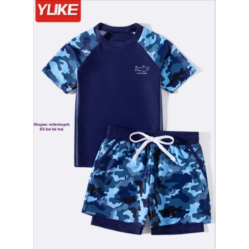 男童短袖泳裝,藍色迷彩 2 層短褲 17-45kg - Ylike YY2256