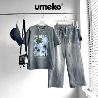 Umeko 套裝 JACK FUNKY 中性包括灰色水洗寬頸 T 恤和牛仔褲寬筒灰色水洗蕾絲