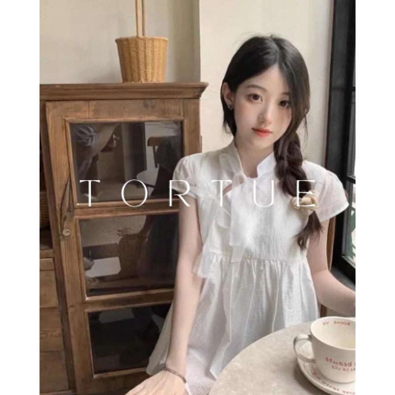 【現貨】V341法式溫柔女士船領娃娃裝襯衫搭配領結夏季新款Vintage Taobao 2024