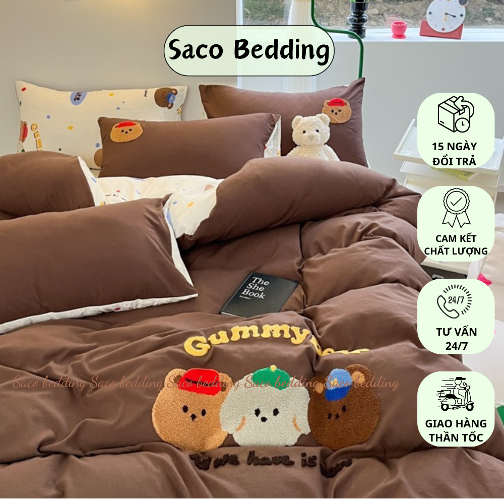 韓國 Saco 棒棉質床上用品套裝,附柔軟、柔軟、刺繡床上用品,全尺寸腸道