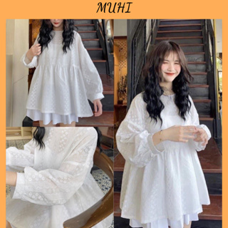 可愛的長袖花卉娃娃裝女式白色上衣,韓國寬型 MUHI