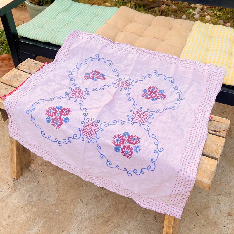 歐式桌巾刺繡復古亞麻粉色粉筆
