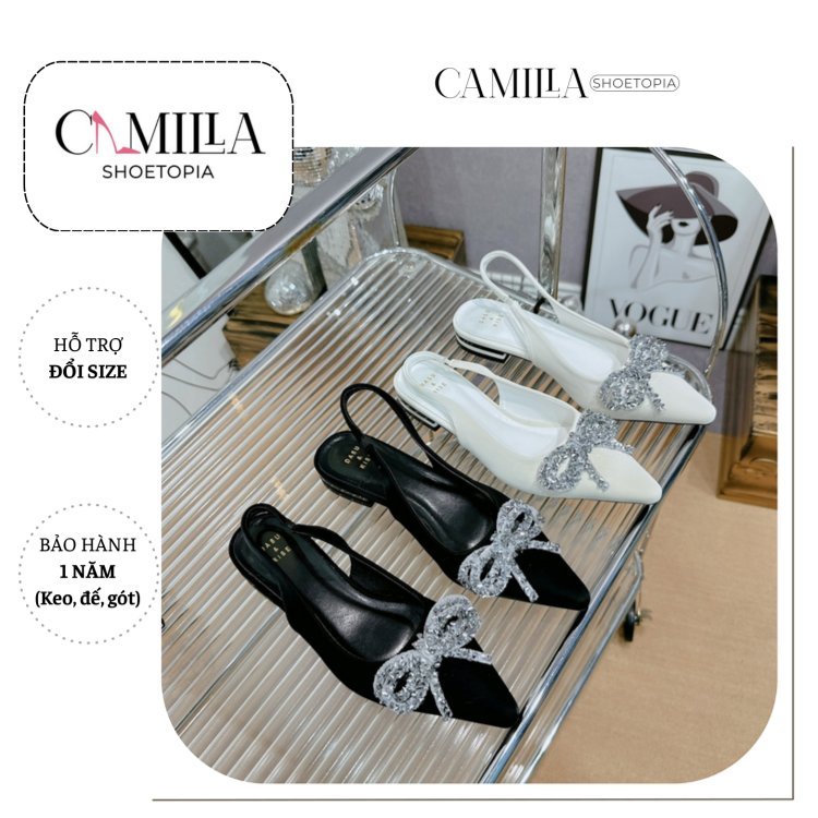 Camilla - GB29: 女士石束蝴蝶結平底鞋 - 女士露跟平底鞋超級時尚,黑色和米色