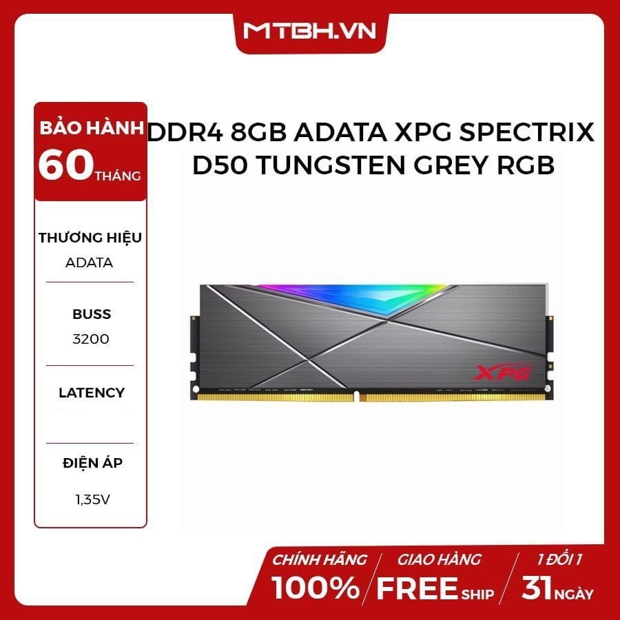 Ram DDR4 8GB Adata XPG Spectrix D50 總線 3200 鎢灰色 RGB 散熱器