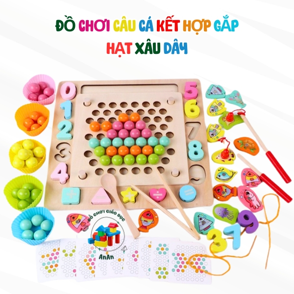 蒙台梭利工具蒙台梭利木製玩具結合釣魚以提高數字拼圖珠用繩子開發思維 - 一個玩具