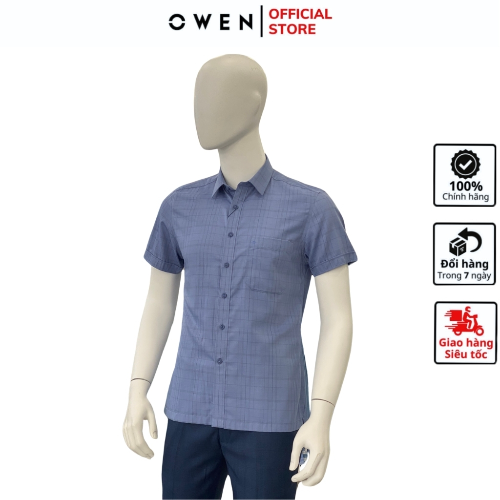 歐文ab男士短袖襯衫230062Nt somi 竹纖維高端辦公面料,藍灰色格子,身體貼合口袋