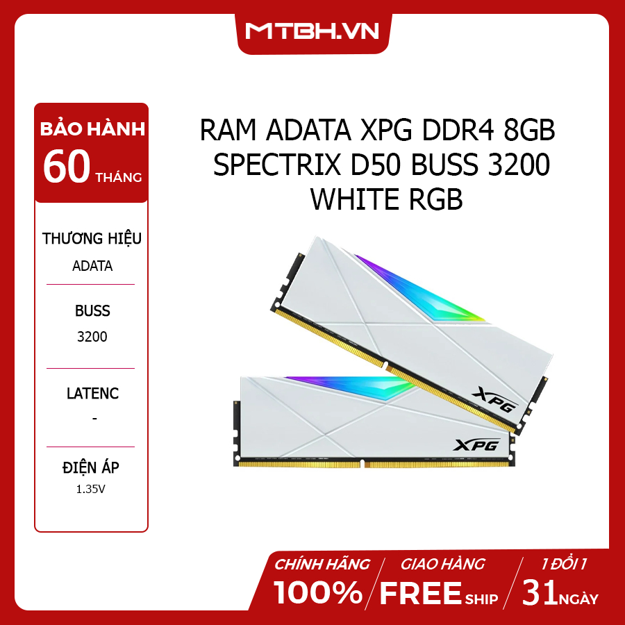 內存 DDR4 8GB Adata XPG Spectrix D50 總線 3200 白色 RGB