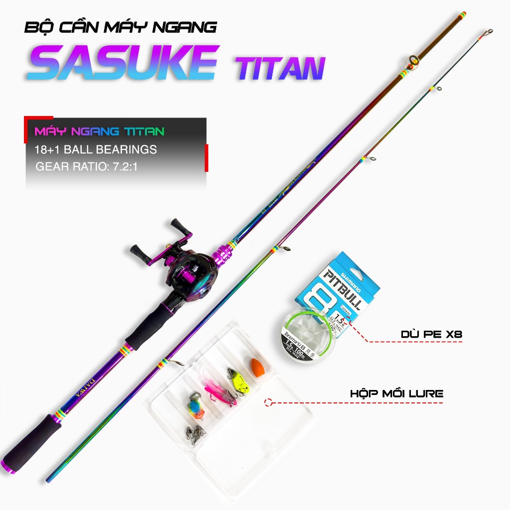 Sasuke TiTan 高級臥式機器誘餌釣魚竿套裝配有誘餌 x8 pillbull 釣魚線和誘餌盒”