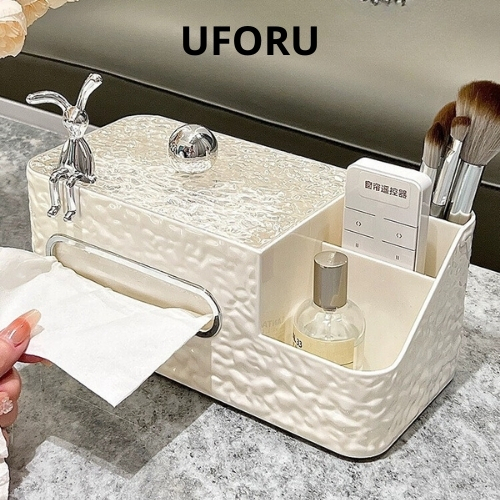 Uforu 桌面紙巾盒帶多功能分隔兔子,水波設計托盤方便 UF0324 控制