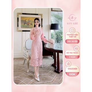 Luu LE 粉色蕾絲裙,露肩剪裁,荷葉袖,優雅長造型-L49