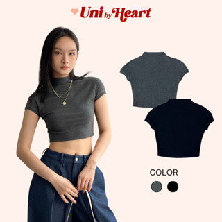 Mila Top CT005 登山領露臍上衣襯衫,羅紋袖,身體擁抱形式 - Uni By Heart