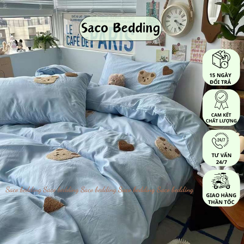 韓國純棉小熊亞麻枕套 Saco 床上用品小熊可愛小熊刺繡床上用品柔軟光滑毛毯套