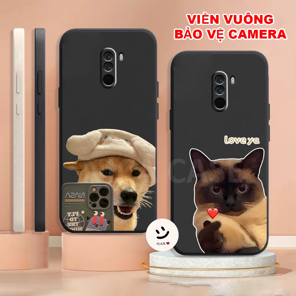 小米 Poco Phone F1 TPU 手機殼,方形邊緣印有酷可愛的狗貓形象
