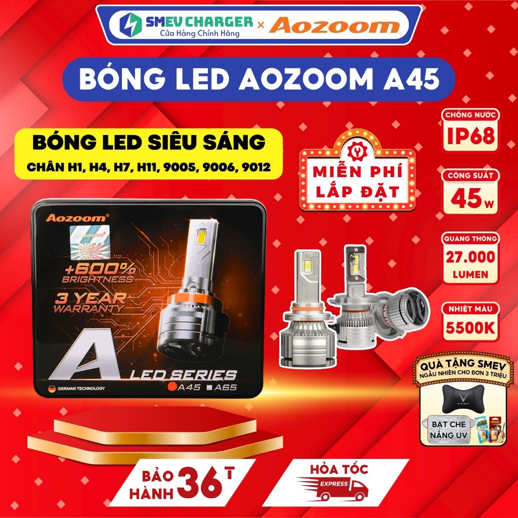 Aozoom A45 LED 汽車摩托車腳燈泡 H4、H1、H7、H11、9005、9006、9012 45W 正品 S