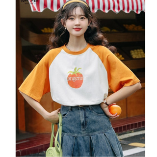 韓式印花短袖圓領女式紅毛丹襯衫,100% 厚實透氣棉質 t 恤 Tizion