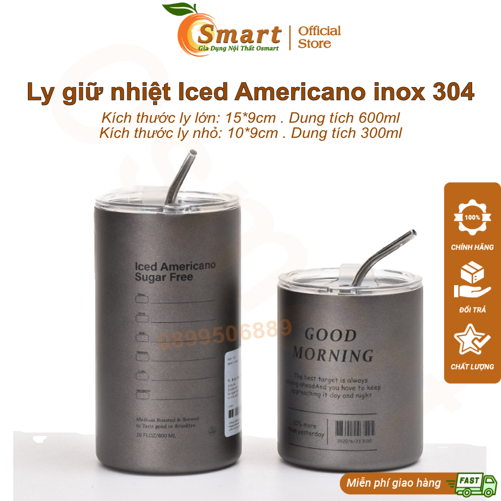 Iced Americano 304 不銹鋼保溫器帶吸管,咖啡杯 300-600ML-Type 1
