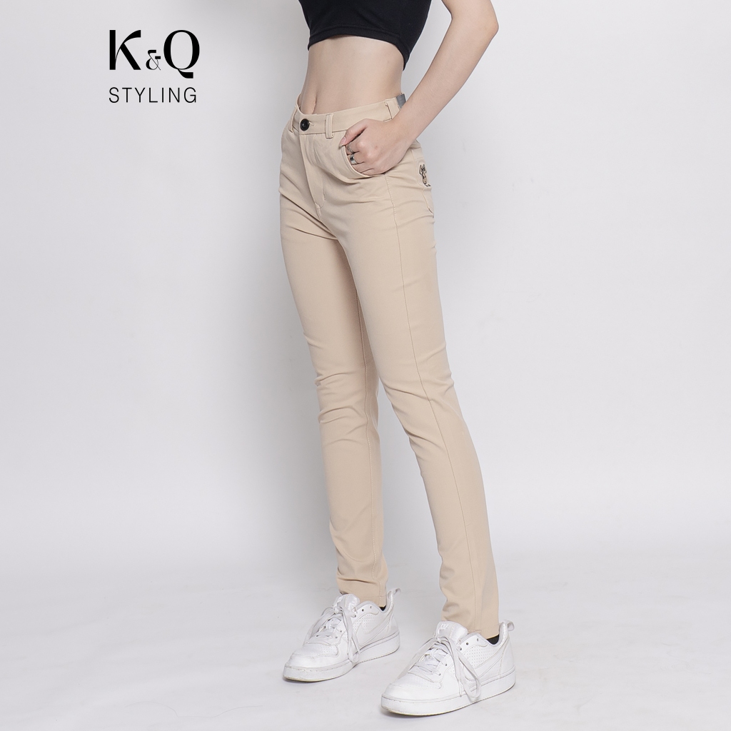 Kq Styleling 女式卡其褲,4 向彈力造型,柔軟光滑的黃色奶油色