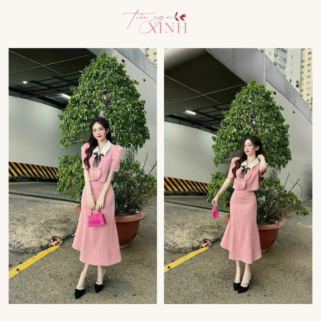 魚尾裙套裝和短袖襯衫領粉色領結設計厚亞麻材質 MS079 派對風格