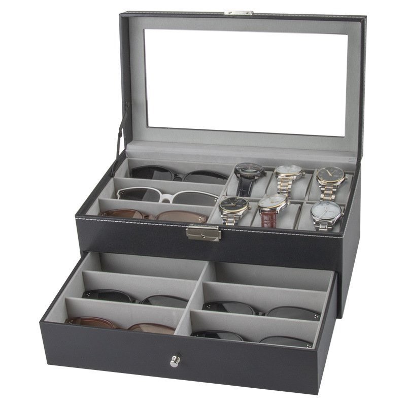 手錶展示盒和 2 層眼鏡型號 6 手錶盒和 9 黑色皮套眼鏡帶灰色襯裡