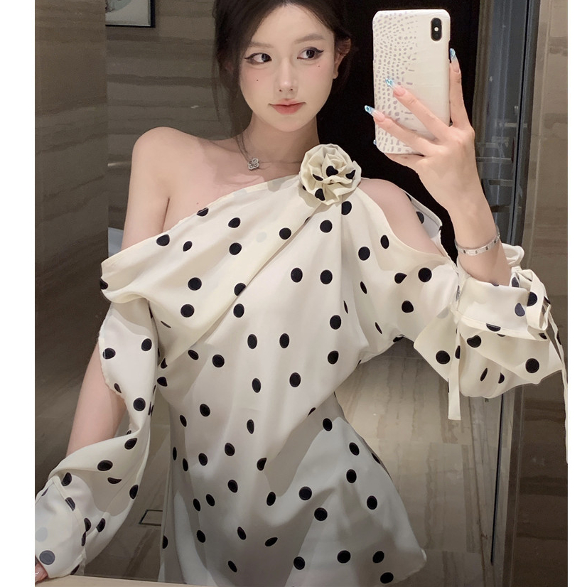 (Ready Stock) Taobao 1 型 Oanhdilys 長袖波點雪紡襯衫配領結