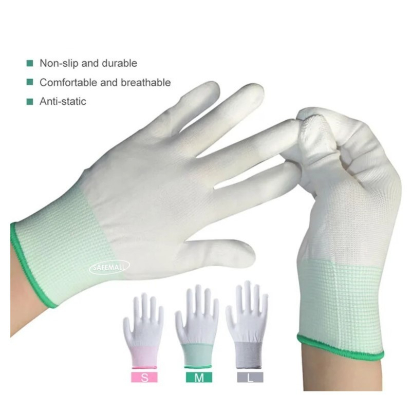批發 10 雙白色手指 PU 塗層手套,ESD 滌綸防靜電無塵室手套 - 越南勞動手套