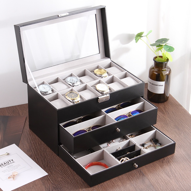 &lt; 許多型號 3 層盒 &gt; 手錶盒、眼鏡、高級皮套首飾的 3 層盒系列
