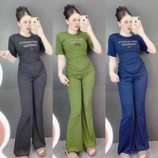 女裝女裝女裝口袋羅紋露臍上衣高腰喇叭褲女裝家居服