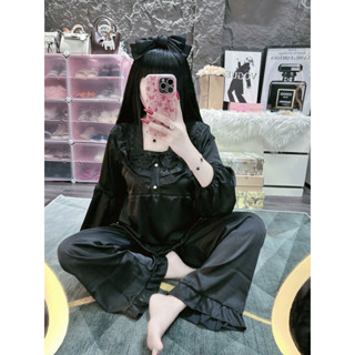 女式睡衣套裝長褲長袖襯衫拉丁絲 Freesize 40-60kg