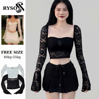 誘人喇叭長袖蕾絲上衣,性感方領蕾絲長袖上衣 RYSO FASHION