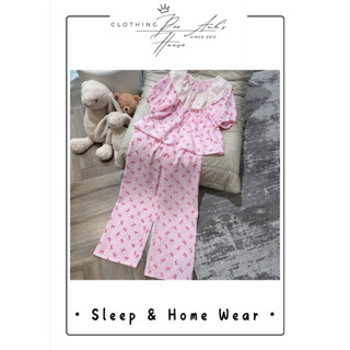 【家居服睡衣】女士荷葉領粉色蝴蝶結QCCC套裝
