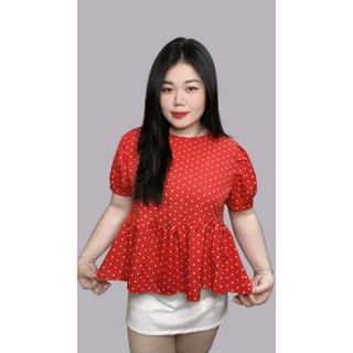 Bigsize 泡泡袖波點圖案娃娃裝襯衫,女式真絲 60-90kg - A103