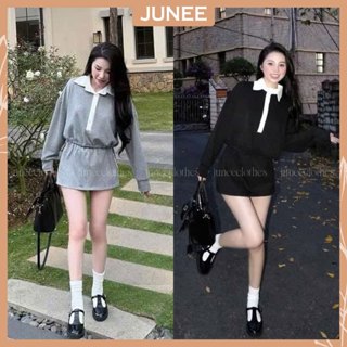 女裝套裝長袖翻領襯衫混色系扣粗腰混搭短裙 Freesize