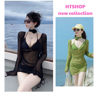 HTSHOP-Sexy 3 件套比基尼套裝,網眼泳衣,包括低領上衣、文胸和三角褲,帶項鍊,QC
