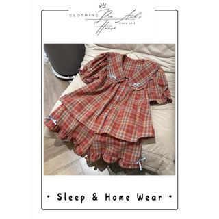 【家居服睡衣】女士格紋荷葉領領結QCCC套裝