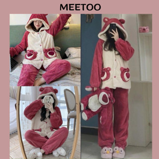 超可愛ulzzang草莓熊毛睡衣梅紅色混搭可愛保暖ulzzang風格家居服MEETOO