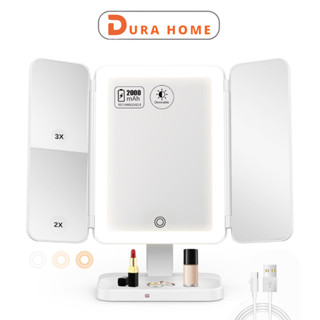 桌面化妝鏡,3 色 LED 美容燈,帶 DURAHOME 充電器的 2 翼折疊門