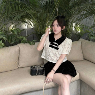 蝴蝶結蕾絲上衣套裝搭配可愛天鵝絨短褲