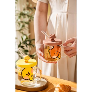 禮品陶瓷杯,橡膠蓋玻璃杯,帶卡通吸管 LINE FRIENDS B103 400ml - SH Ceramics