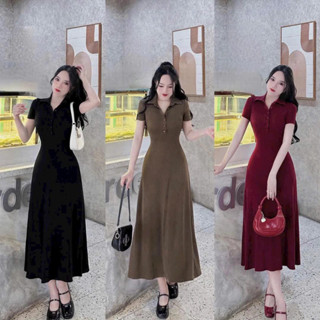 翻領中袖polo裙修身喇叭及膝連衣裙學校玩耍基本款純色女彈力連衣裙簡約青春T286G
