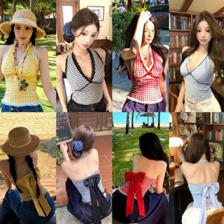女士 V 領露臍上衣,蕾絲飾邊和格紋圖案,可愛個性