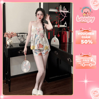 可愛的短款奢華絲綢家居服套裝,帶蕾絲、拉丁絲綢女式睡衣 - Loopy 睡衣
