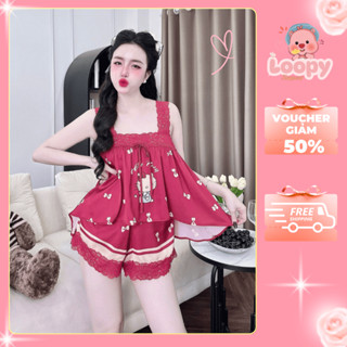 可愛的蕾絲 2 件套女式睡衣,柔軟涼爽的優質拉丁絲綢睡衣 - Loopy 睡衣