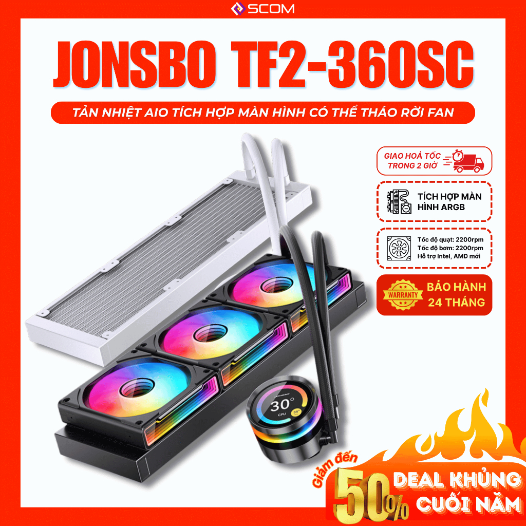Argb AIO 散熱器,帶集成 Jonsbo TF2-360SC 屏幕,帶 3 個可拆卸降噪風扇