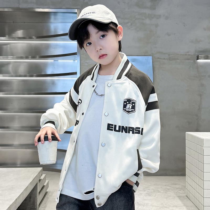 17-45kg男童飛行員夾克4-14歲兒童夾克白色HIPHOP款厚毛氈縫線好
