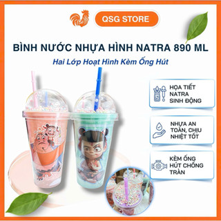 可愛的 Natra 卡通塑膠水瓶 890 毫升 - 吸管杯卡通雙層吸管杯