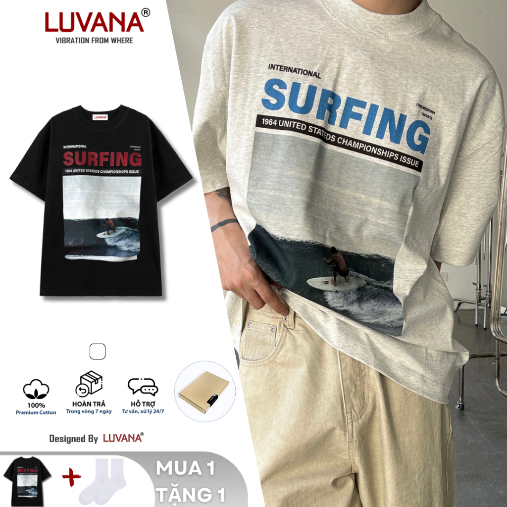 男女通用 T 恤,採用 Sufing 圖案印花 LUVANA 超大寬鬆袖 T 恤圓領棉 2-Way 寬鬆形式