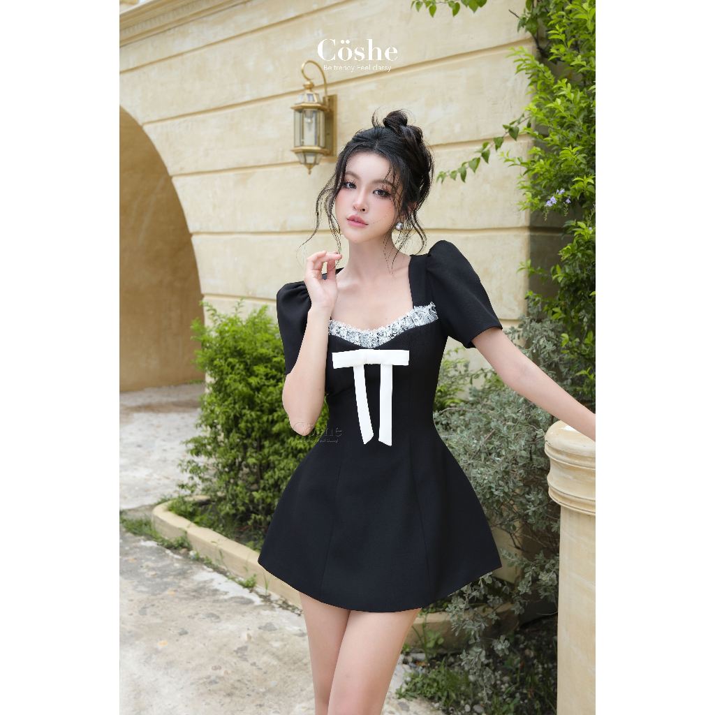 COSHE babydoll DRESS 泡泡袖由 ori 材料製成,MIYA DRESS DRESS 黑色短款設計,方