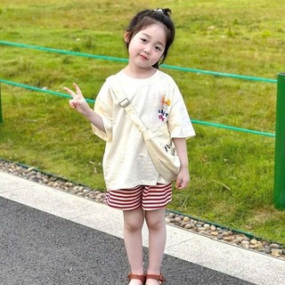 [B&G] 10-45kg女孩夏季套裝長袖棉質襯衫和橫條紋短褲10-45kg(2-12歲)