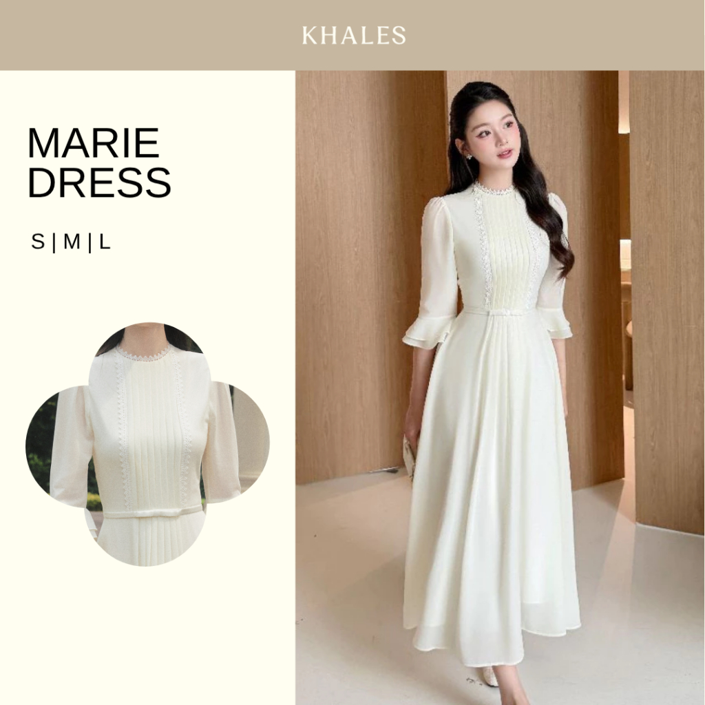 [KHALES] MARIE DRESS 長款雪紡 DRESS Party DRESS 設計長袖蝴蝶結腰帶